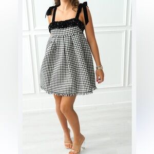 Sofie The Label Black & White Houndstooth Sequins Velvet Bow Mini Dress Size S